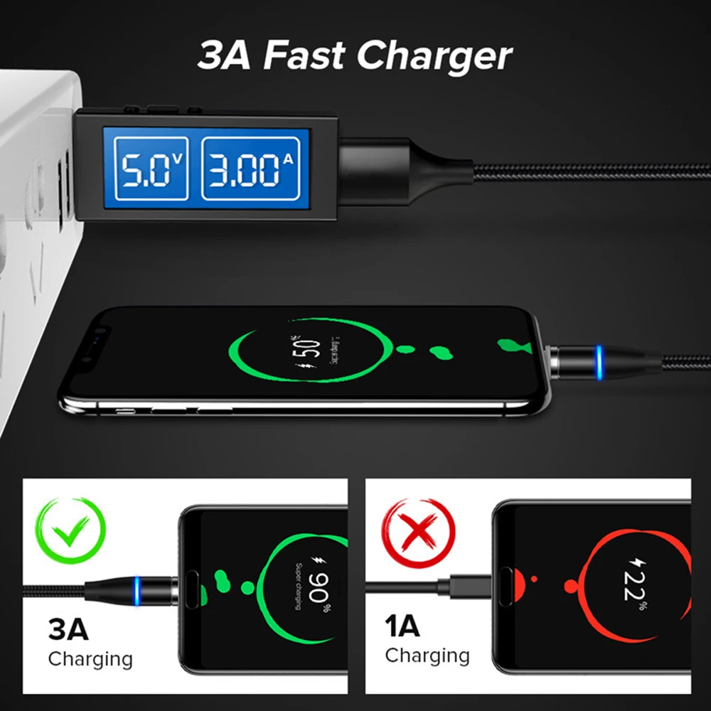 Магнитный USB кабель 3 А Micro Type C 8 Pin быстрая зарядка 0 QC для быстрой зарядки Samsung Xiaomi