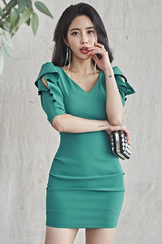 

COIGARSAM Fashion Women dress New Summer Sexy V-Neck Dresses Green Lake 1876