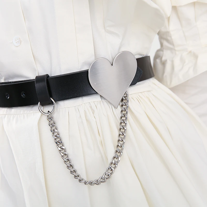 

[EAM] Pu Leather Black Split Joint Chain Long Belt Personality Women New Fashion Tide All-match Spring Autumn 2021 1Z90801