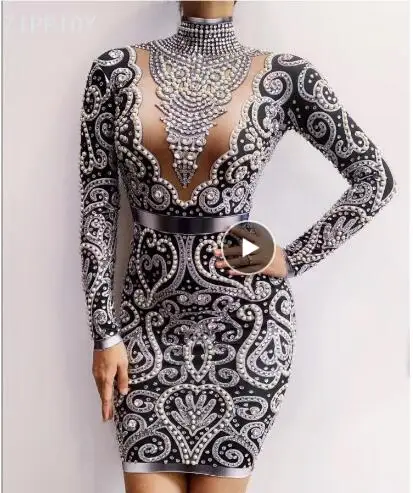 black dress Модный серый, серебряный, стразы, комбинезон, длинные рукава, стрейч, сексуальный комбинезон, сценический, вечерние, праздничный, Ночной костюм - Цвет: black dress