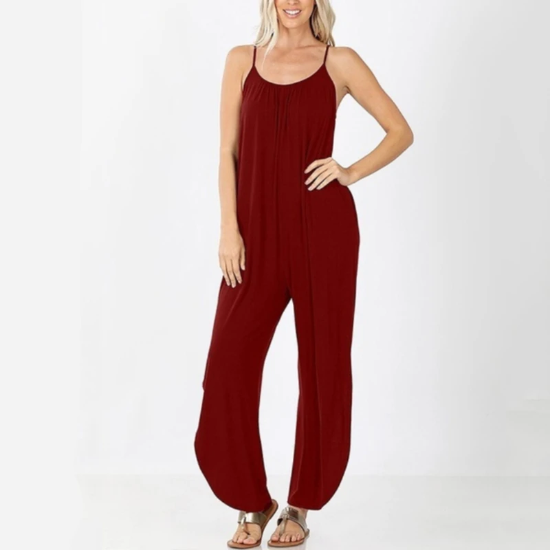 

Boho Spaghetti Straps Long Jumpsuits Women Summer High Waist Pocket Casual Jumpsuits Romper Female Split Sexy Overalls