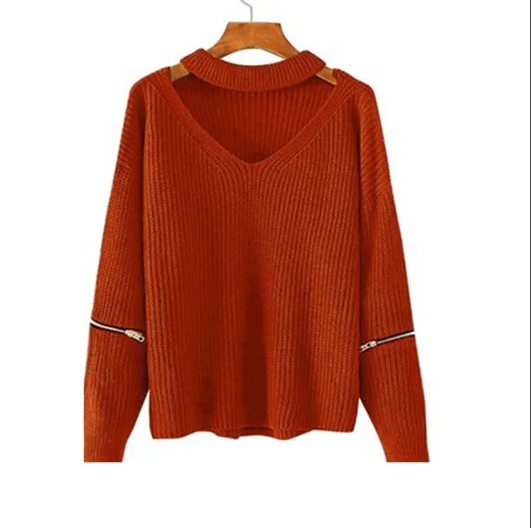 

New Style for Autumn and Winter Korean-Style Halter O Neck Solid Pullover Zipper Full Sweater Women V199