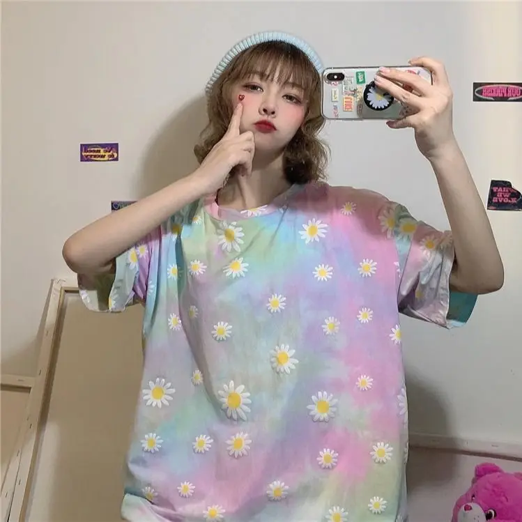 

2021 Cotton Women Summer T Shirts Oversized Rainbow Short Sleeve Korean Sexy Crop Tops Loose Female Tshirt Harajuku Streetwear