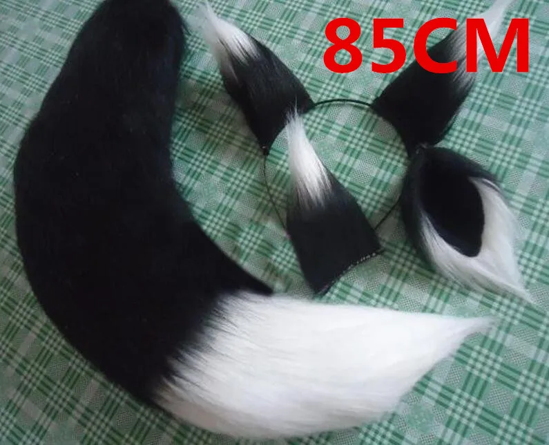 Black 85cm Аниме Реквизит для косплея, лисичные уши и хвост, набор специй и волка, Холо, плюшевый длинный мех, уши Неко, хвост, для вечеринки, костюм на Хэллоуин, аксессуары - Цвет: Black 85cm