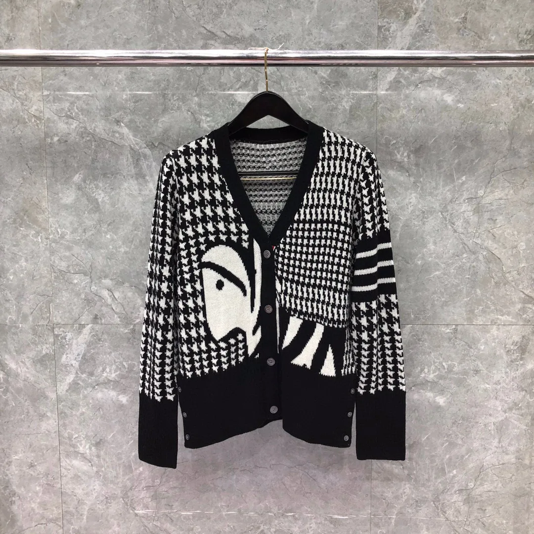 

fashion brand 2021 TB Houndstooth Cardigans women men V-neck zebra pattern wool sweater lady black white knitting clothing