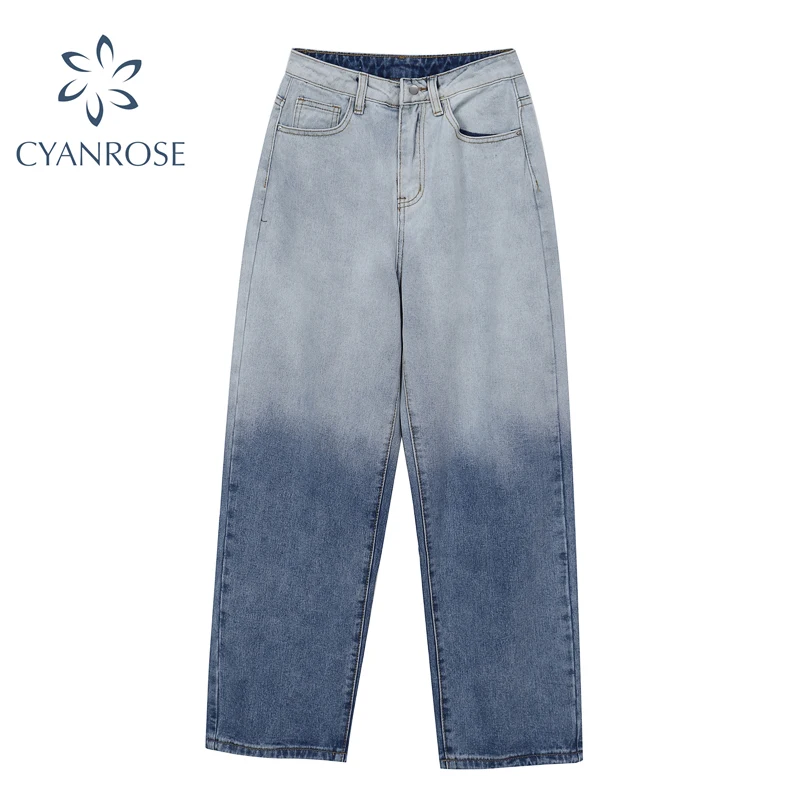 

Женские джинсовые брюки с широкими штанинами, повседневные Прямые брюки в стиле Харадзюку с градиентными цветами, модель Y2K на лето, 2021