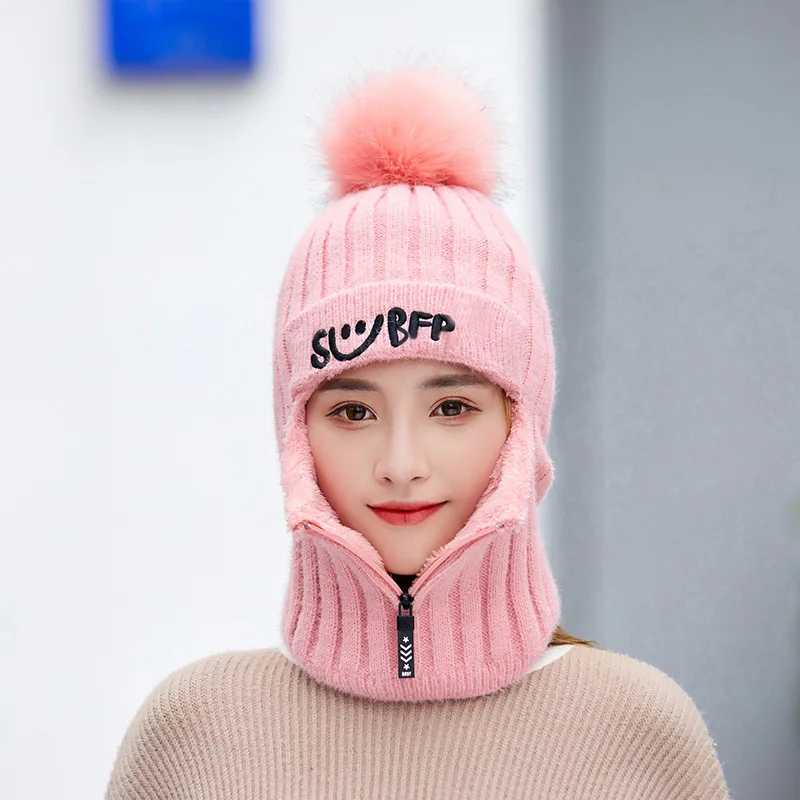adult pink Комплект из 2 предметов, вязаная шапка и шарф, шапка с помпоном и помпоном, Женская Толстая шапка, зимняя теплая Милая модная шапка на молнии с надписью для девочек - Цвет: adult pink