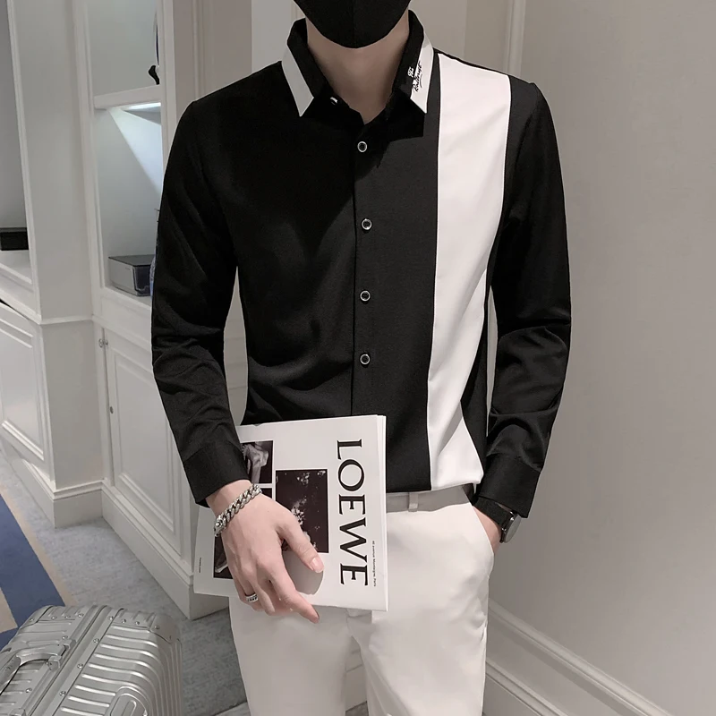 High Quality Splicing Men's Shirt Non-iron Slim Long Sleeve Casual Shirt Business Formal Dress Shirts Streetwear Social Blouse