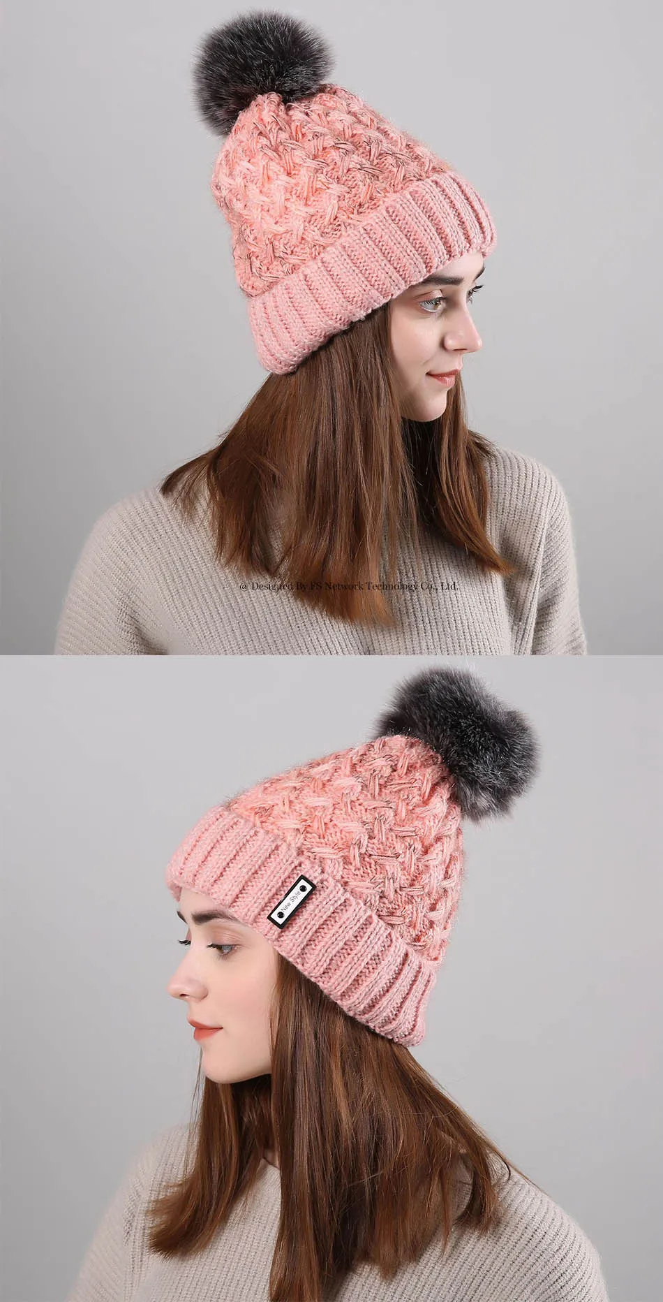 FS стиль зимние шапки для женщин Мех животных Pom Beanie вязаный Skullies Красный розовый плюс бархат открытый уха головы теплые шапки с помпоном