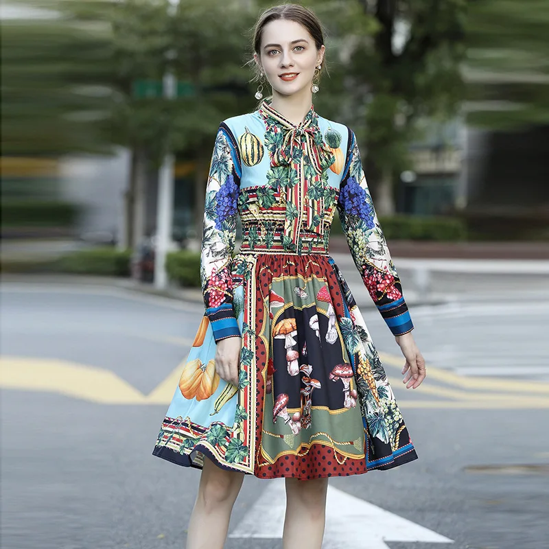 

Women Dress Long Sleeves Autumn 2020 New Stand Collar Bow Elastic Waist Fashion Printed Slim A-Line Casual Ladies Clothes S-XL