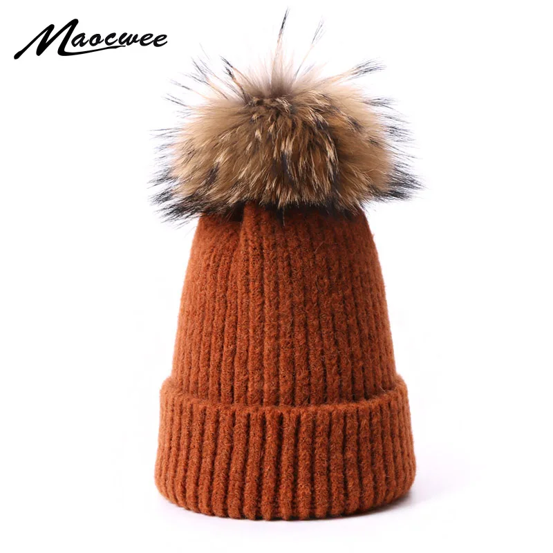 

Winter Fashion Hat With Real Fur Pompom For Women Warm Knitted Soft Wool Knitted Skullies Beanies Thick Bonnet Gorros Female Cap