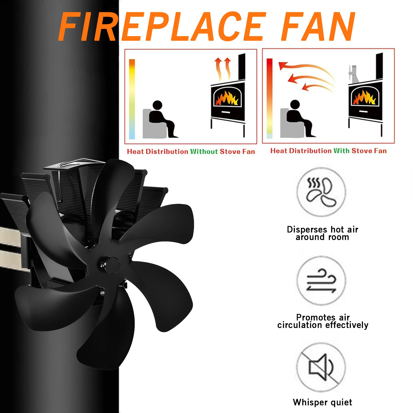 Fireplace Fan 6 Blade Wood Stove Fan Silent Heat Power Eco F