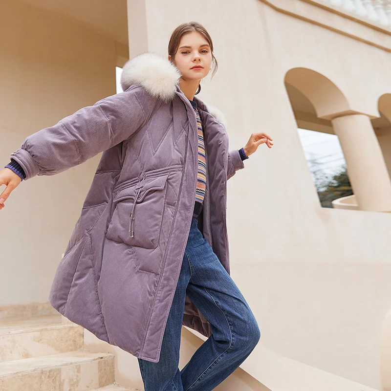 

Пуховик SHZQ женский средней длины, новинка зимы 2021, 90 белый утиный пух, большой воротник с волосами, вельветовое фиолетовое пальто