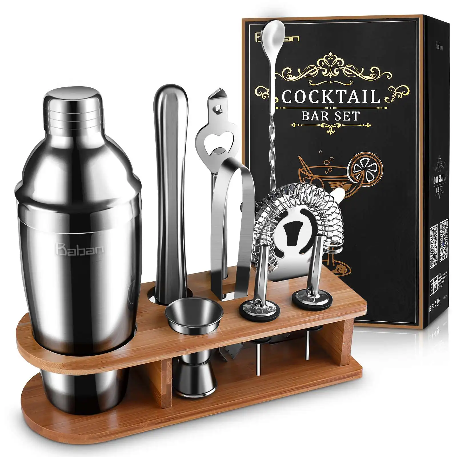 

10pcs 750ml Stainless Steel Bar Cocktail Shaker Set Barware Bartender Kit Jigger Mixer Muddler Pourer Spoon with Wooden Rack