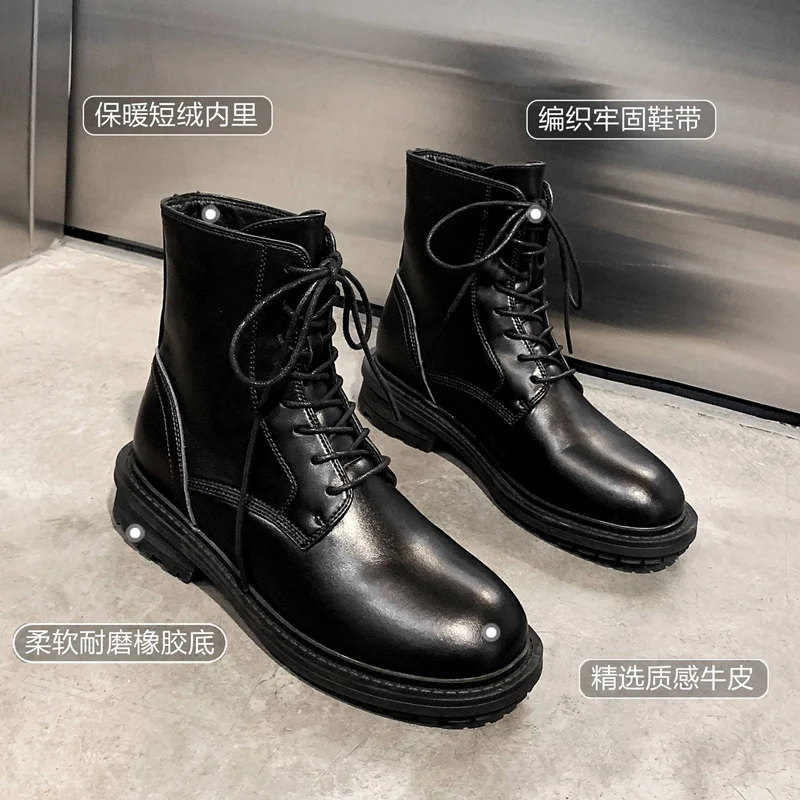 

2021 Plush Genuine Leathe Martin Boots Women Anti-wrinkle Zip Platform Ankle Boots Winter Fashion High Top woman boots