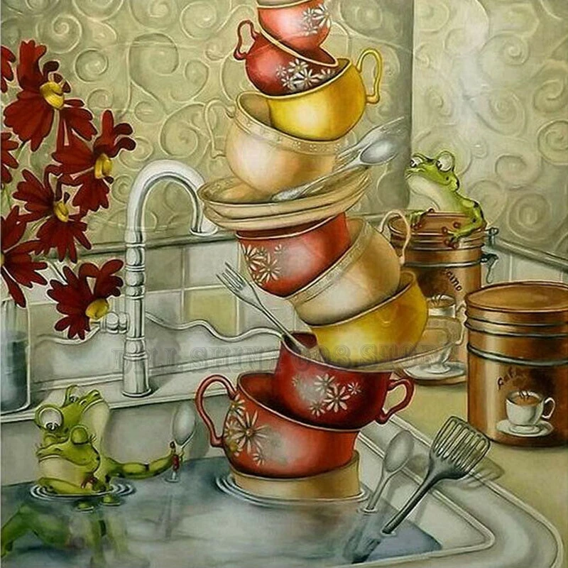 

Kitchen Washing Dishes home decor diamond embroidery painting 5D DIY full needlework wall sticker cross stitch mosaic Christmas