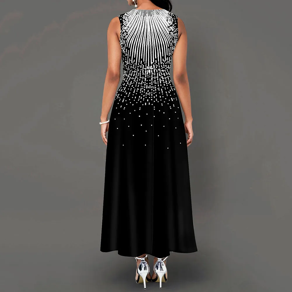 Элегантное винтажное платье с принтом А-силуэта и карманом белое Макси-Платье