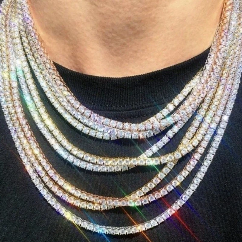18 20 24 28 30 дюймов 1 ряд Блестящий теннис цепи Цепочки и ожерелья в стиле хип хоп Bling CZ