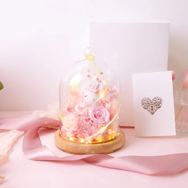 

LED Handmade Glass Eternal Rose, Unicorn And Deer In The Glass Dome, Valentine’s Day Birthday Gift For Girlfriend Or Child