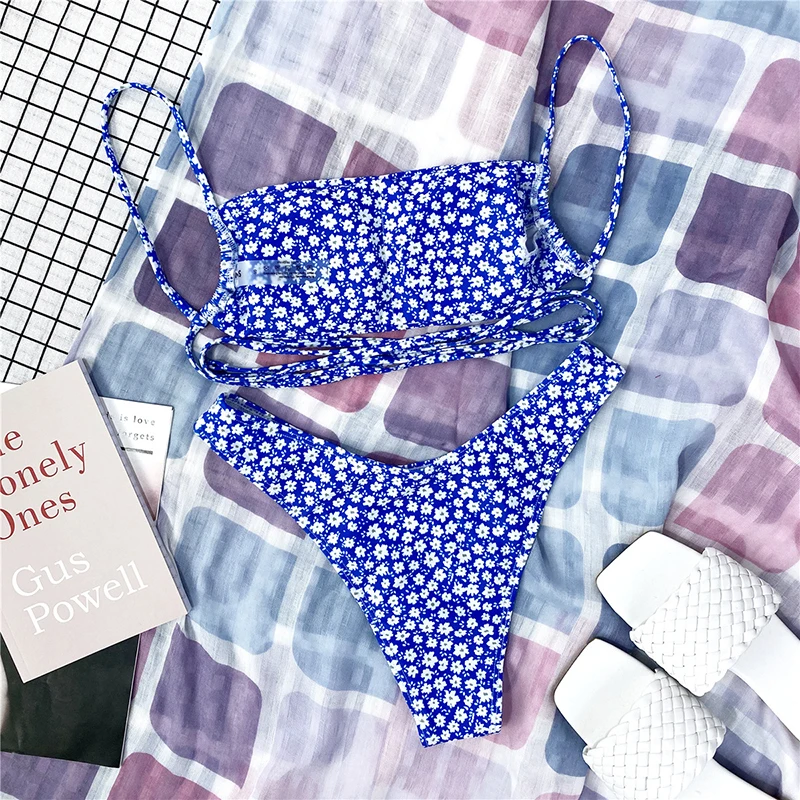 

Sexy Wrap Around Floral Print Bikini Women Backless Swimwear Bandage Swimsuit Two-piece Bikini Set Bather Bathing Suit Swim New