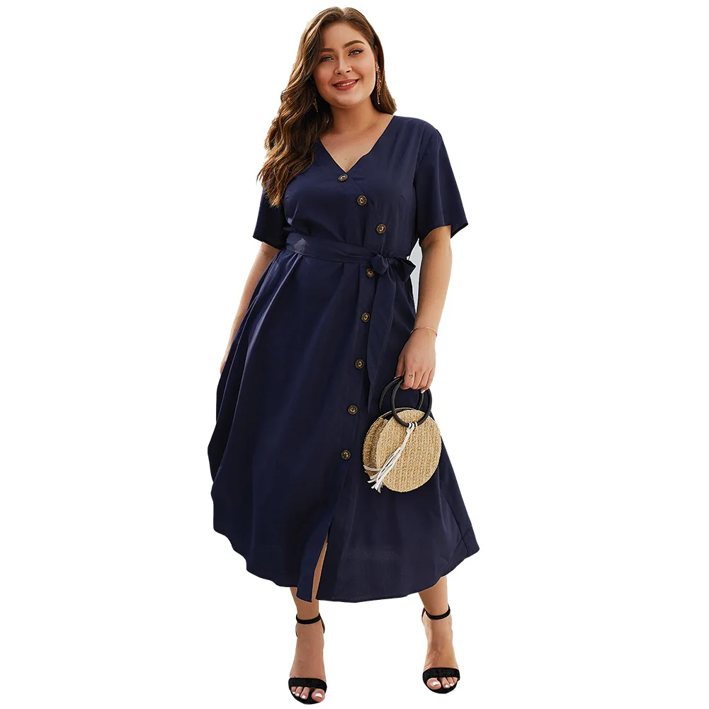 

Plus Size Summer Dress 2020 Women Sexy V Neck Vestidos Elegant Wrap Buttons Midi Dress Casual Solid Office Lady Dresses 3XL 4XL