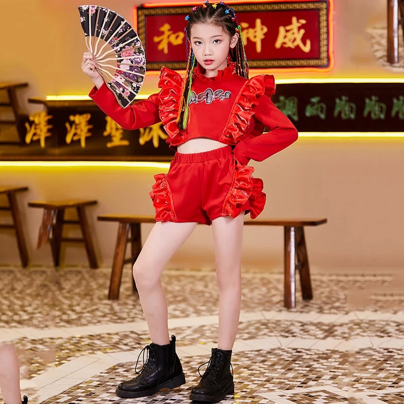 

New Hip Hop Dance Clothing For Kids Red Outifts Chinese Style Stage Outfits Jazz Dance Street Performance Clothes 120-170