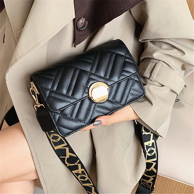 

Sewing Thread Pattern Women's Wide Strap Shoulder Bags PU Leather Clamshell Square Handbags Ladies Solid Color Messenger Bag Sac