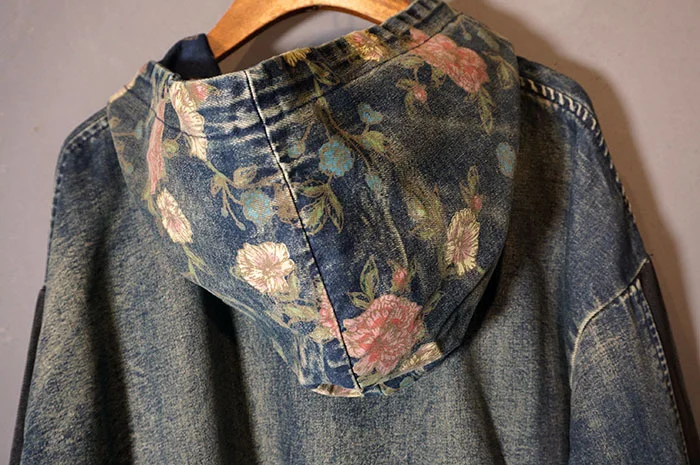 

LYUZHE Vintage Floral Print Denim Dress Women 2021 Autumn Hooded Patchwork Female Dress Plus Size Pullover Dress Blue QDY292