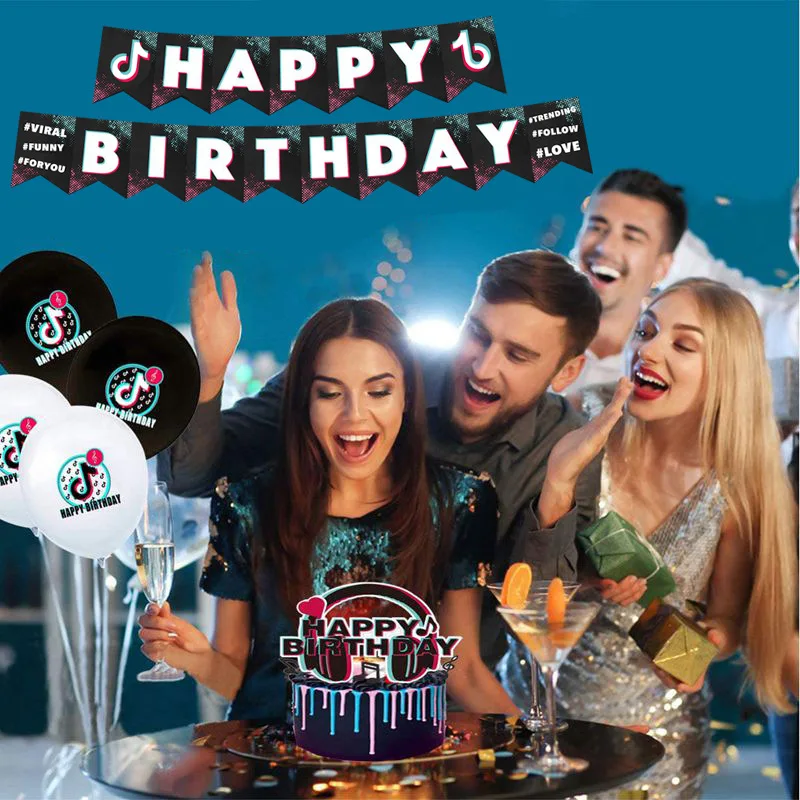 

Tik Tok Video Theme Banner Cake Toppers Happy Birthday Party Napkins Flags Plates Cups Decoration Bags Tablecloth