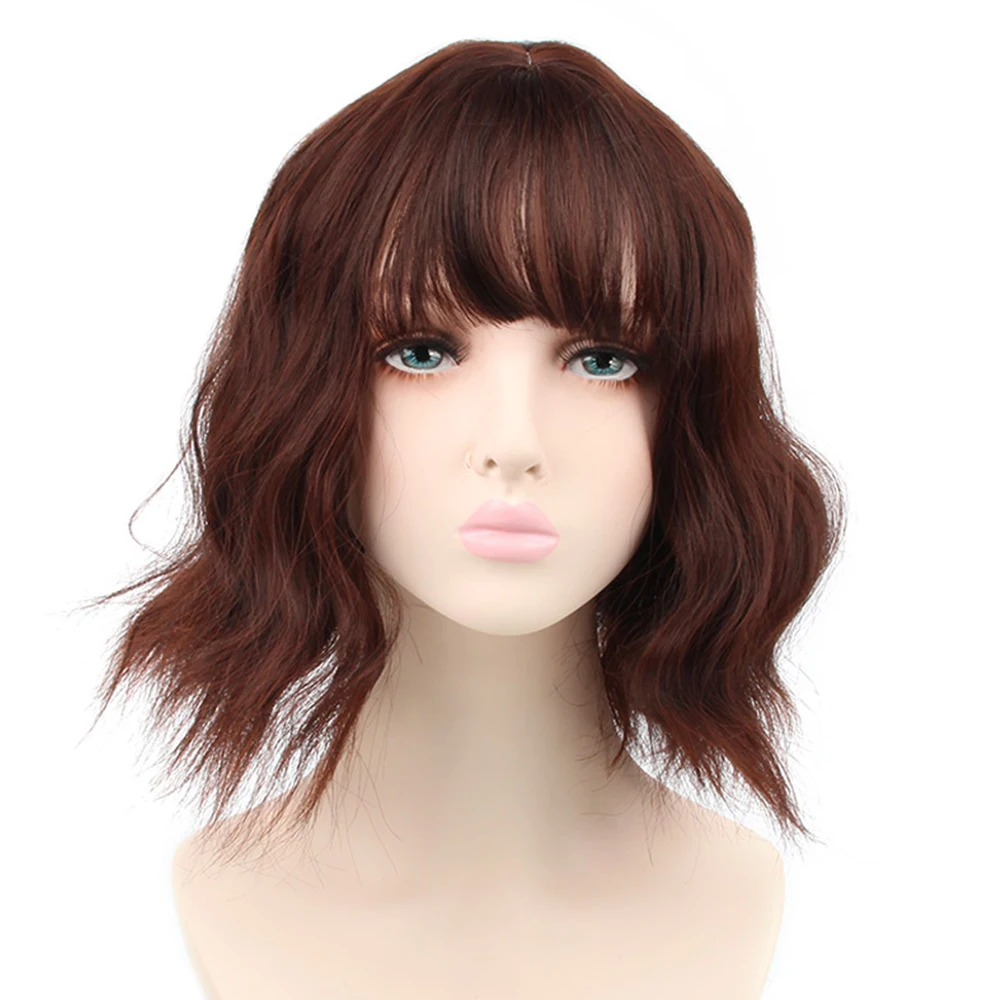Pageup Short Natural Wave Synthetic Wig For Black Women Purple Wigs with Bangs Heat Resistant Fiber Hair Wigs