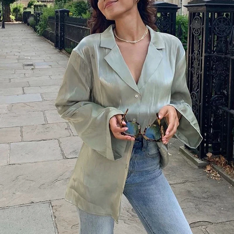 

Green Two Piece Set For Women V Neck Long Sleeve Loose Shirt High Waist Wide Leg Pants Casual Sets Female 2020 Clothing C284