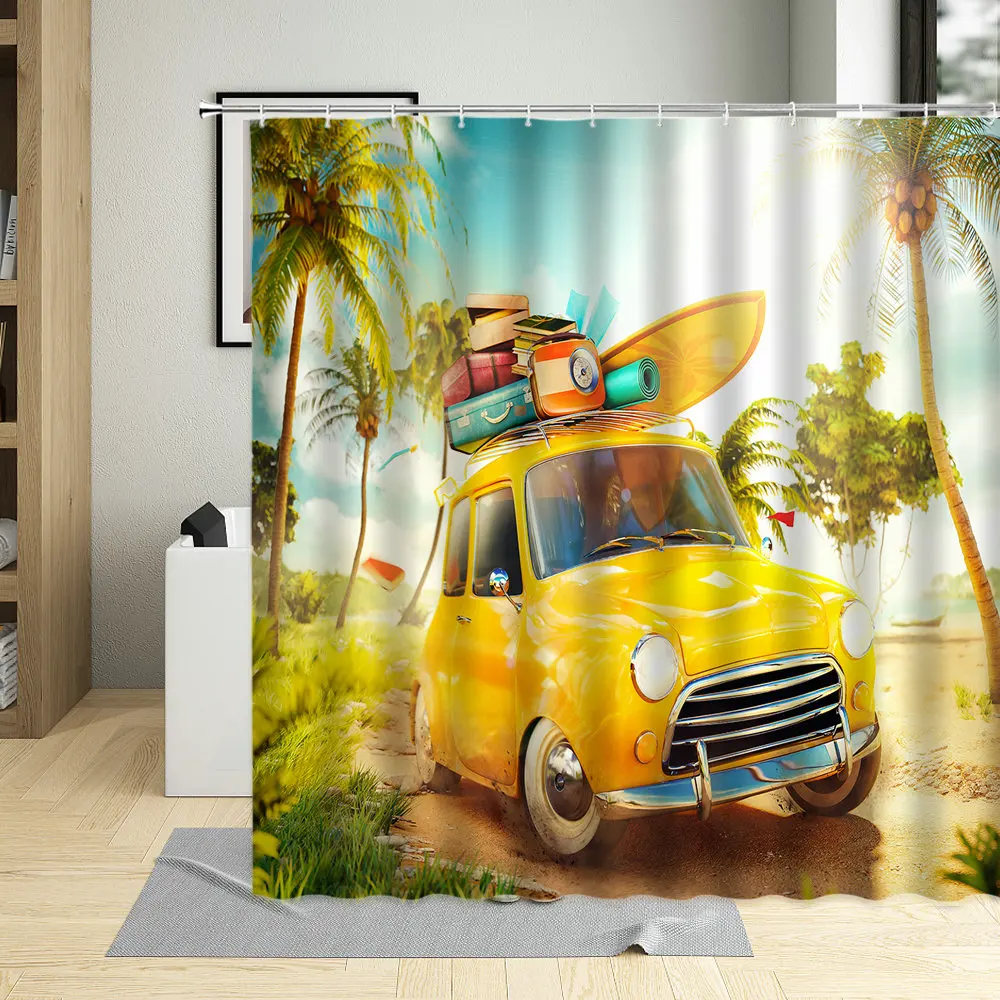 

Summer Beach Vacation Bus Shower Curtains Surfboard Palm Tree Scenery Bathroom Home Decoration Bathtub Curtain With Hooks Sets