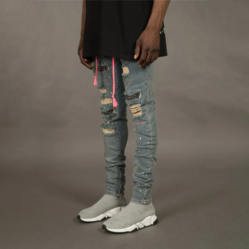 Новые обтягивающие мужские джинсы Уличная рваные Homme хип хоп сломанные Карандаш