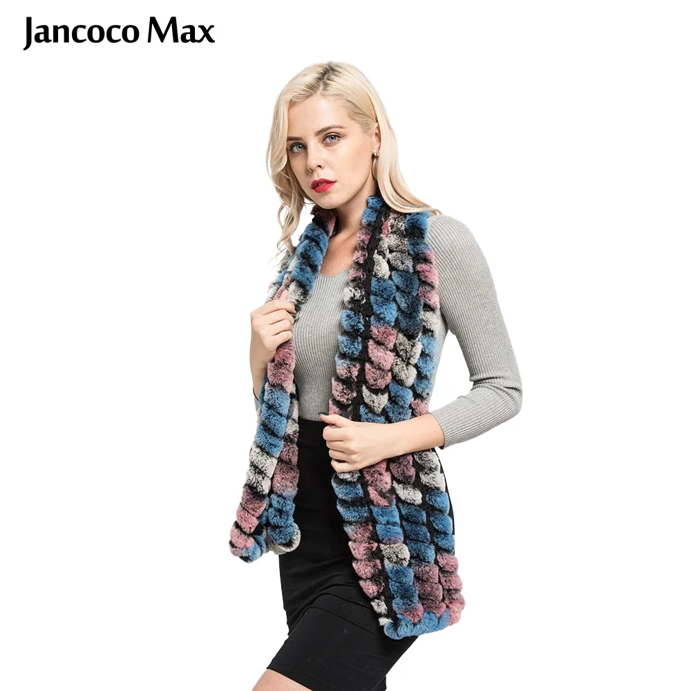 

Jancoco Max настоящий шарф из меха кролика рекс модные Стиль многоцветный глушитель выхлопной трубы Одежда высшего качества Женская зимняя обув...