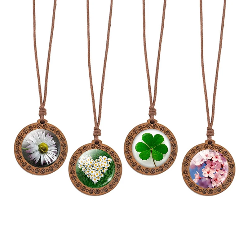 Маргаритка цветок ожерелье стекло кабошон деревянный кулон Клевер лист