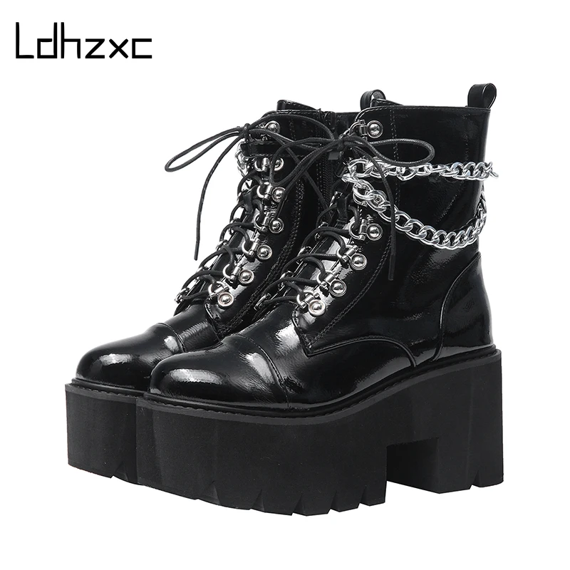 

LDHZXC 2020 Gothic Black ankle Boots Women Heel Sexy Chain Chunky Heel Platform Boots Female Punk Style Ankle Boots Zipper