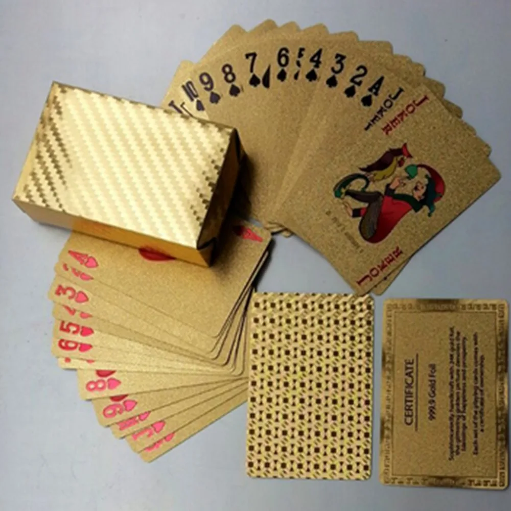

Золотые игральные карты водонепроницаемые долговечные игры в покер из золотой пластиковой фольги лучшие подарочные азартные настольные и...