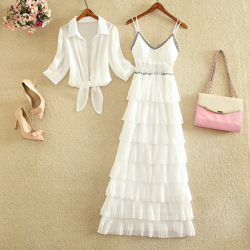 

Fashion Women Two Pieces Sets Lantern Sleeve Turn Down Chiffon Shirt Top +Spaghetti Strap Layered Ruffle Lace Maxi Dress Set New