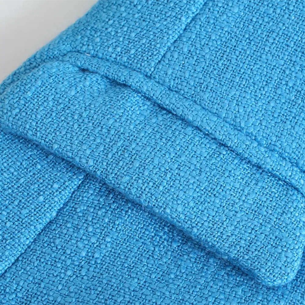 

Fashion Women Blue Tweed Blazer Jacket 2021 New Spring Double Breasted Female Autumn Coat Chic Pockets Office Lady Elegant Top