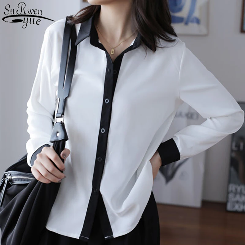 

Autumn Professional Long Sleeve Women's Cardigan Lapel Singel Breasted Chiffon Blouse Splice Bottoming Shirts Blusas Mujer 11346