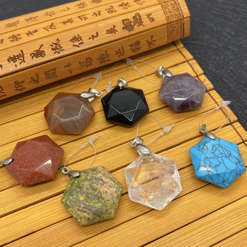 

Natural Stone Pendant Hexagon Shape Color Amethyst Sandstone Polished DIY Handmade Fashion Trend Jewelry Necklace Decoration