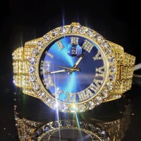 missfox big diamnd mans watches luxury business blue round dial wristwatch man stainless steel quartz watch gentleman hiphop