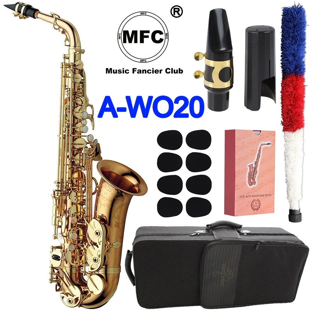 Новый элегантный звуковой МФК альт-саксофон искусственный Золотой лаковый Sax альт-мундштук ретровый шейный музыкальный инструмент