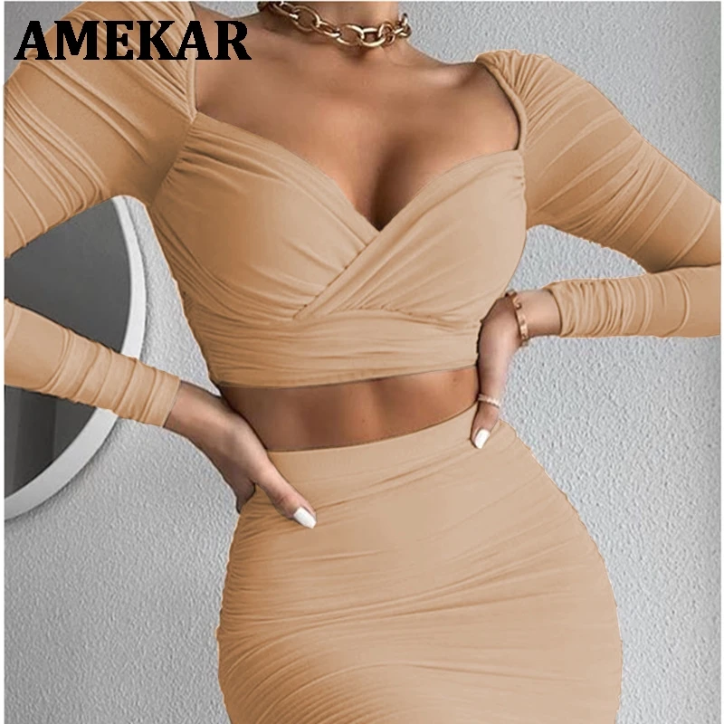 

2021 Two Piece Set Long Sleeve Crop Top And Bodycon Mini Skirt Ruched Women Set 2021 Autumn Sexy White Club Outfit Party