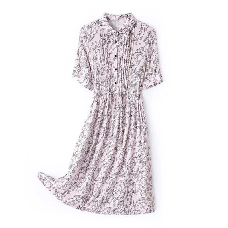 

Woman Print Shirt Dress 100% Silk Crepe Doll Collar Sashes Silk Dress Women 2020 Summer Elegant Dresses