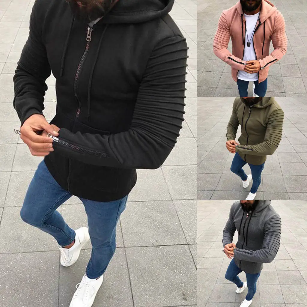 

Mens Autumn Slim Fit Hoodies Coat Solid Color Stand Collar Stripe Pleated Drape Shoulder Jacket Zipper Up Front Outerwear