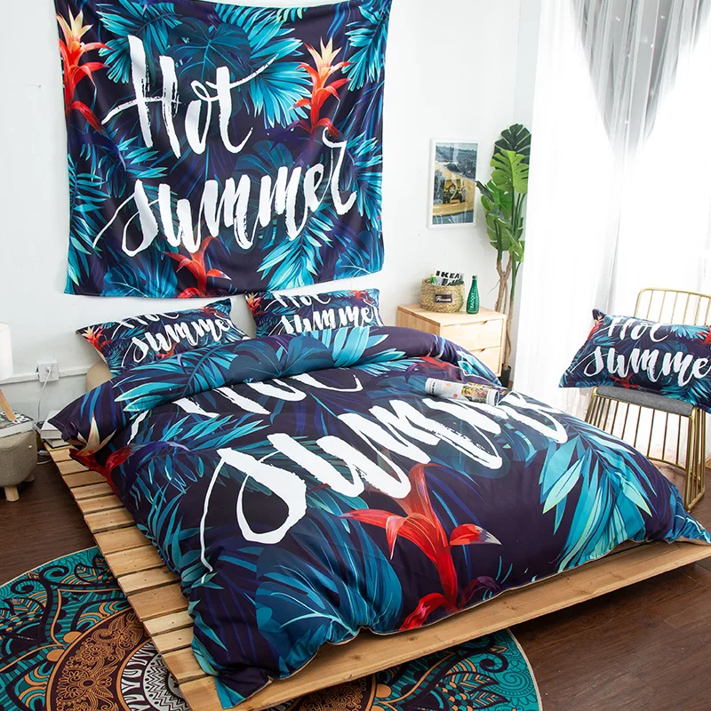 

3D Leaf Duvet Cover Set Romantic Holiday Island Hawaiian Banana Trees Watercolored Image Bedding Set Dark Green and Forest Green