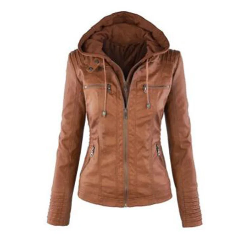 

Hooded Faux Leather Jacket Slim Double Layer Women Spring Cloth Lady Warm Oversize Coat Vintage Plus Size Hoodies Female Parkas