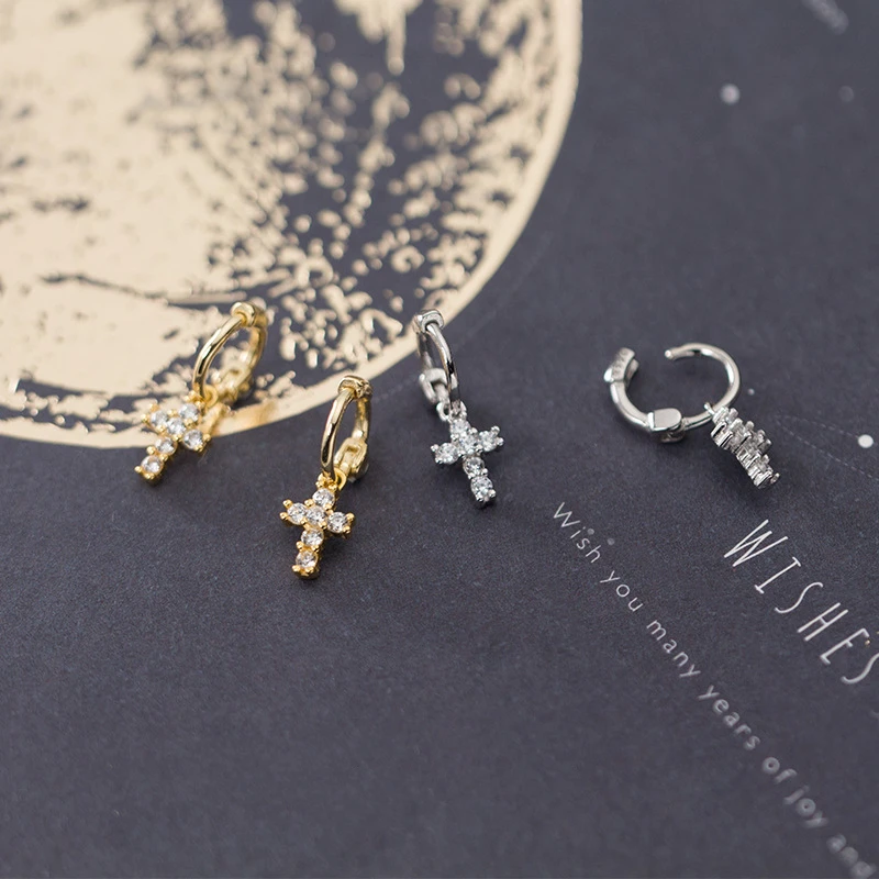 

925 Sterling Silver Shiny Cubic Zirconia Inlaid Cross Round Buckle Stud Earrings Gold Color For Women Lady Daughter Jewelry