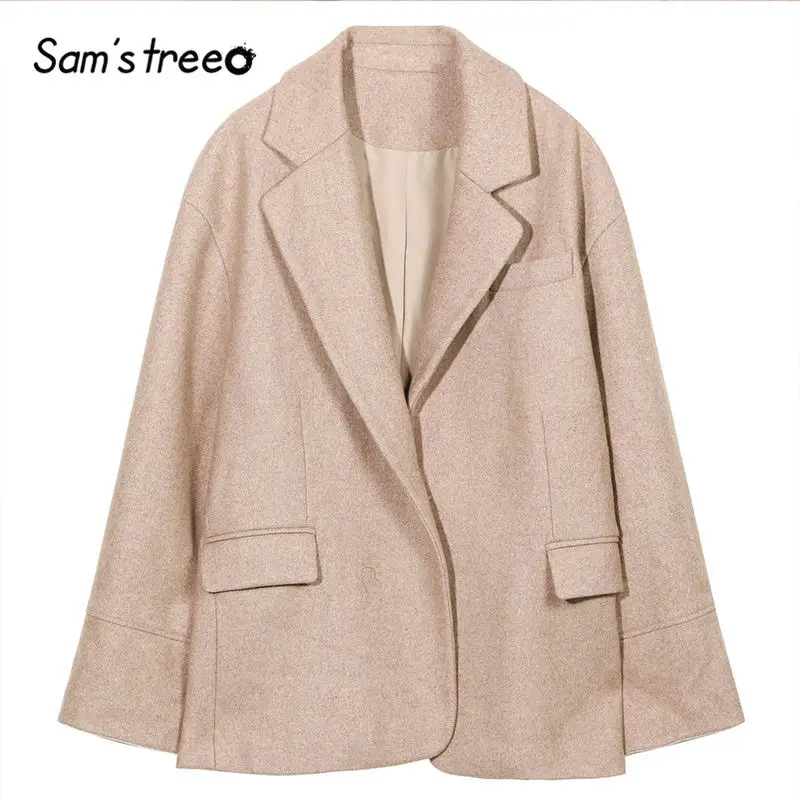 SAM'S TREE Camel, женские блейзеры в минималистическом стиле, осень, лоскутный рукав, чистый, двусторонний, шерстяные, накладные, женские пальто